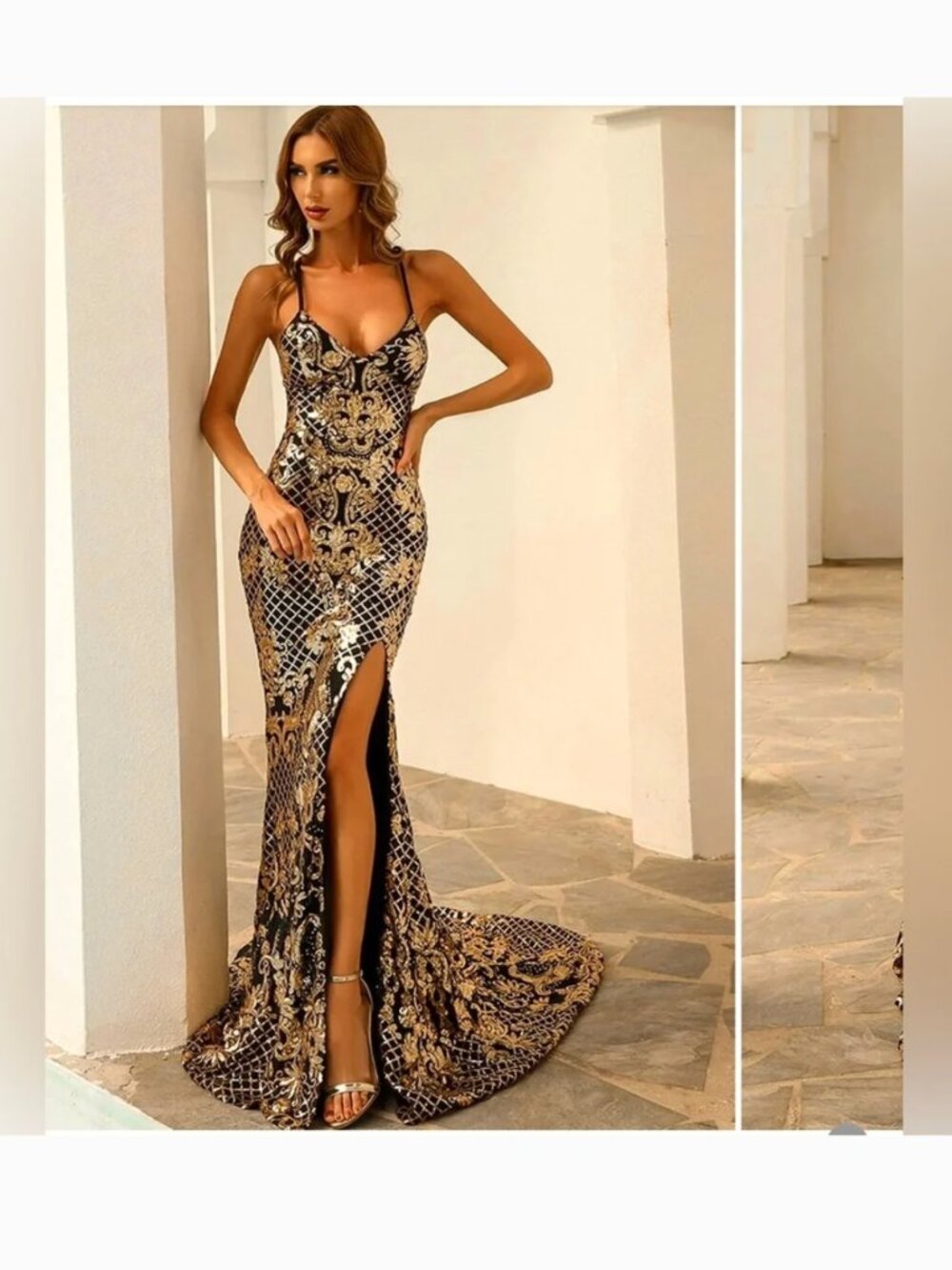 Gold black sequin mermaid long train dress fitted tight sexy prom formal
